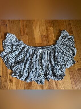 Angie Black & White Striped Ruffle Off-Shoulder Crop Top